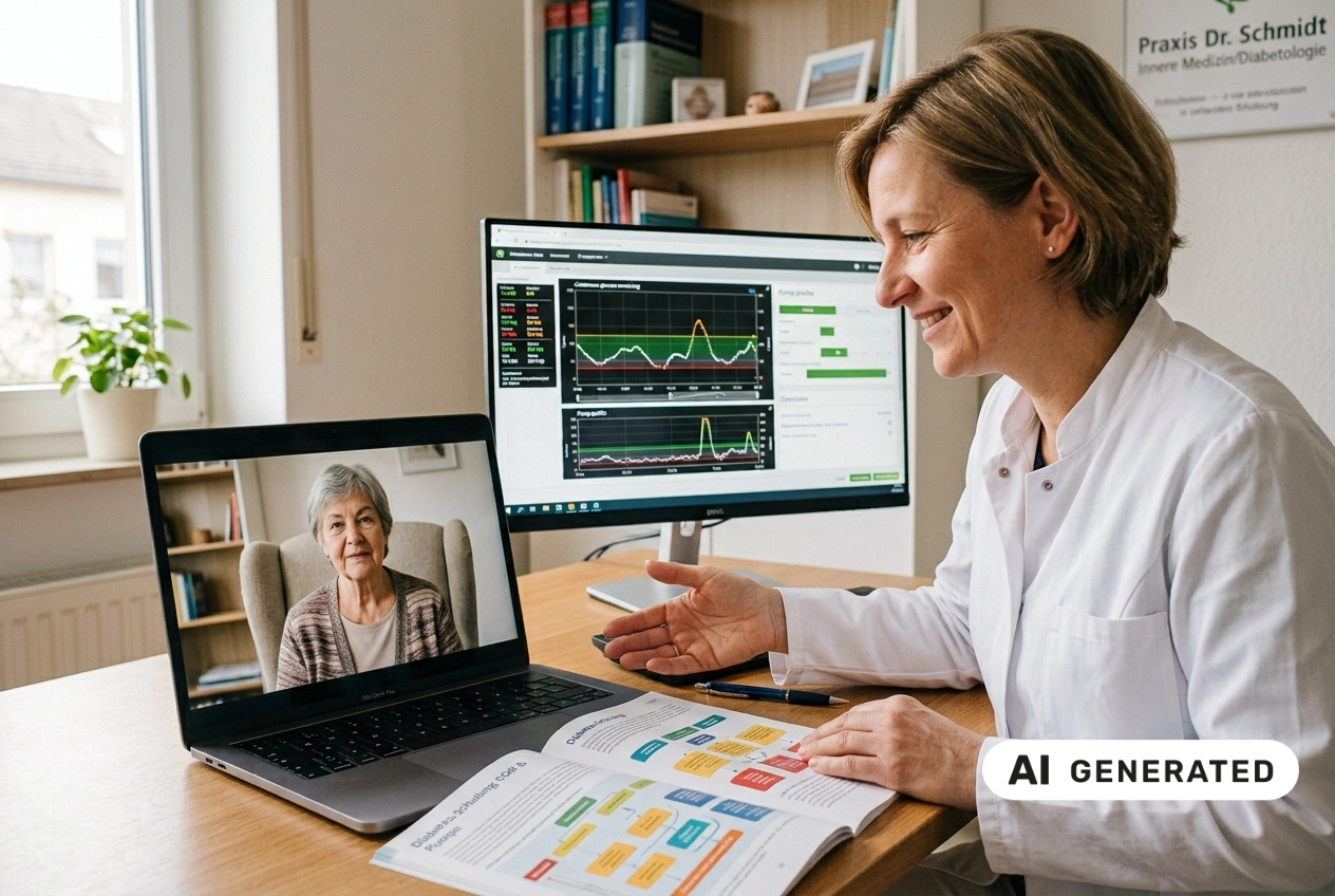 In einer diabetologischen Praxis sitzt eine Ärztin mit kurzem blondem Haar und weißem Kittel am Schreibtisch und berät eine ältere Patientin per Videosprechstunde, deren Gesicht auf dem Laptop eingeblendet ist. Auf dem großen Monitor neben ihr werden detaillierte Blutzucker-Kurven und Pumpendaten angezeigt. Vor der Ärztin liegt eine geöffnete Informationsbroschüre mit farbigen Diagrammen und Behandlungsschritten, daneben ein Stift, was auf eine strukturierte Diabetesberatung und Telemedizin hinweist. KI-generiert.