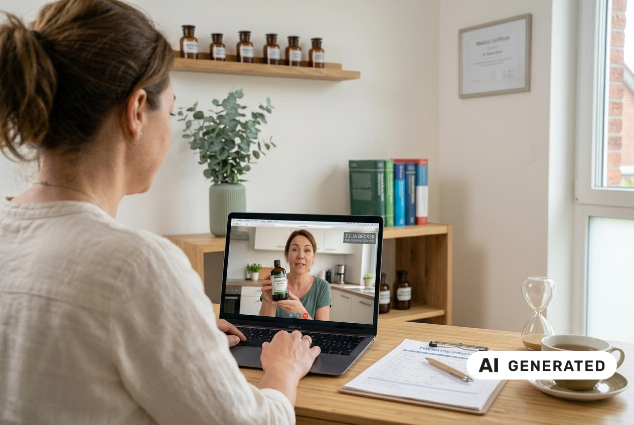 In einem Wohnzimmer sitzt eine Frau mit braunem, hinten zusammengebundenem Haar und heller Bluse an einem Holztisch und nimmt konzentriert an einer Online-Konsultation teil. Auf dem Laptop vor ihr ist eine Heilpraktikerin zu sehen, die ein braunes Fläschchen mit pflanzlichem Präparat in die Kamera hält und dessen Anwendung erklärt. Neben dem Laptop liegen ein Therapieprotokoll auf einem Klemmbrett, ein Stift, eine Tasse mit Untertasse sowie eine Sanduhr, im Hintergrund stehen kleine Apothekerfläschchen und Fachbücher, was auf einen ganzheitlichen, naturheilkundlichen Lebensstil hinweist. KI-generiert.