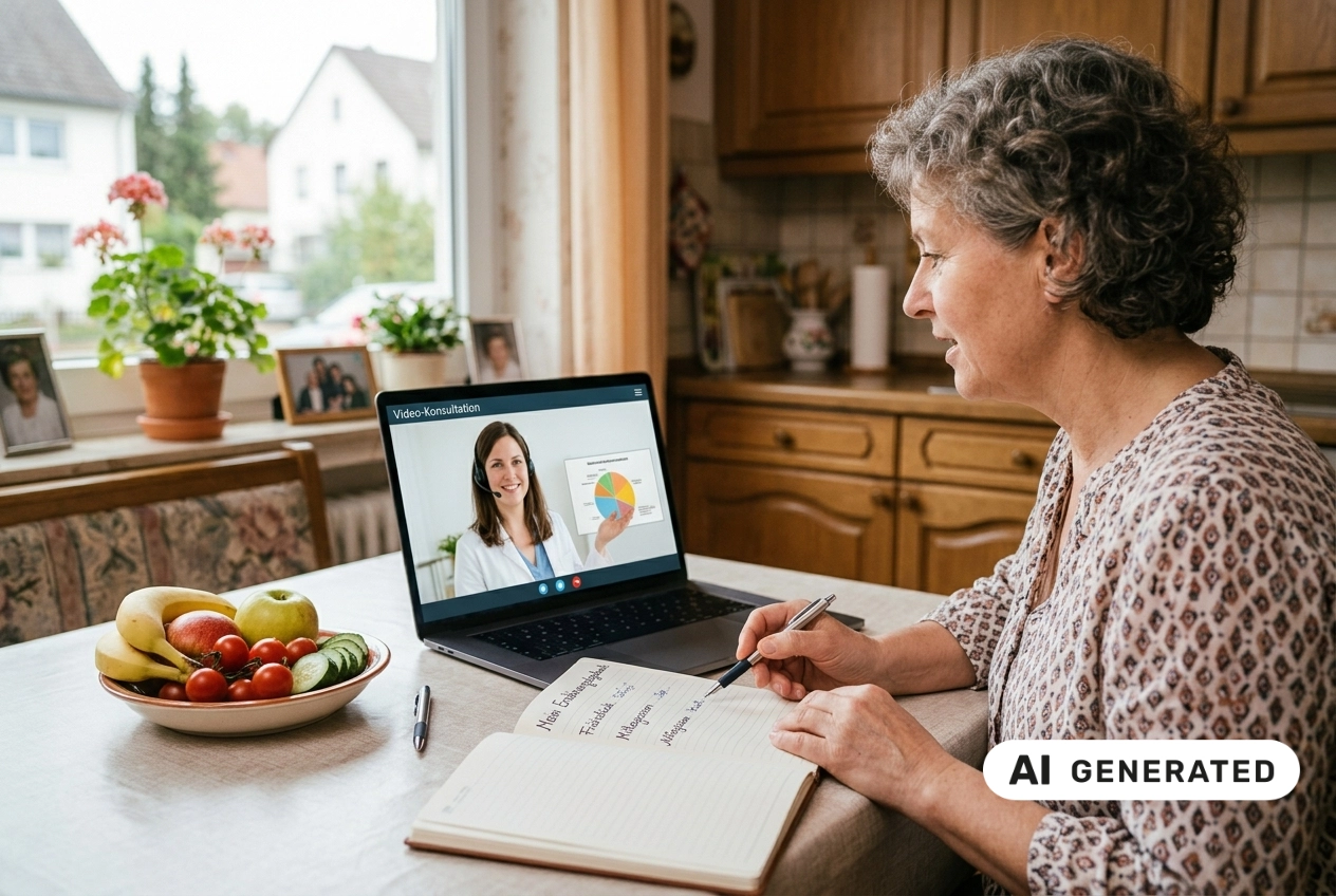 In einer gemütlichen Küche sitzt eine Frau mit kurzen, leicht gelockten grauen Haaren und gemusterter Bluse am Esstisch und nimmt konzentriert an einer Online-Ernährungsberatung teil. Auf dem Laptop vor ihr ist eine Beraterin mit Headset zu sehen, die ein buntes Nährstoff-Diagramm präsentiert. Die Frau notiert Empfehlungen in ein offenes Notizbuch, daneben liegen Stift und ein Teller mit verschiedenen Obst- und Gemüsesorten wie Äpfeln, Bananen, Tomaten und Gurken, die eine ausgewogene Ernährung symbolisieren. KI-generiert.