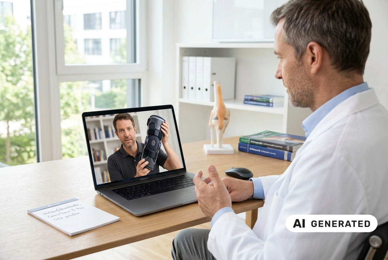 In einer orthopädischen Praxis sitzt ein Arzt mit kurz geschnittenem, grauem Haar und weißem Kittel an einem schlichten Holztisch und nimmt an einer Online-Fortbildung oder Beratung teil. Auf dem Laptop ist ein Mann im dunklen Polo-Shirt zu sehen, der eine schwarze, stabilisierende Knieorthese in die Kamera hält und deren Eigenschaften erklärt. Neben dem Laptop liegen Notizblock, Stift und Computermaus, im Regal im Hintergrund stehen mehrere Fachbücher sowie ein anatomisches Modell eines Kniegelenks, was auf eine Spezialisierung im Bereich Gelenk- und Bewegungsapparat hinweist. KI-generiert.