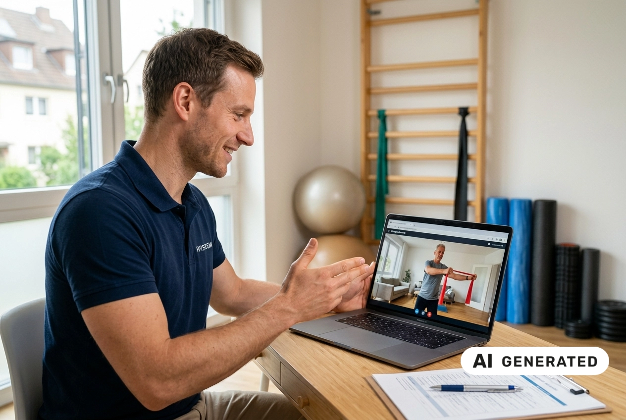 In einer hellen Physiotherapie-Praxis sitzt ein junger Physiotherapeut mit sportlicher Statur, kurzem braunem Haar und dunkelblauem Polo-Shirt an einem Schreibtisch und führt eine Online-Behandlung durch. Auf dem Laptop ist ein Patient zu sehen, der in seinem Wohnzimmer mit einem roten Widerstandsband Armübungen macht. Der Therapeut erklärt gestikulierend die richtige Ausführung. Auf dem Tisch liegen ein Dokument und ein Stift, im Hintergrund stehen Sprossenwand, Gymnastikbälle und verschiedene Schaumstoffrollen, was auf ein professionelles therapeutisches Trainingsumfeld hinweist. KI-generiert.