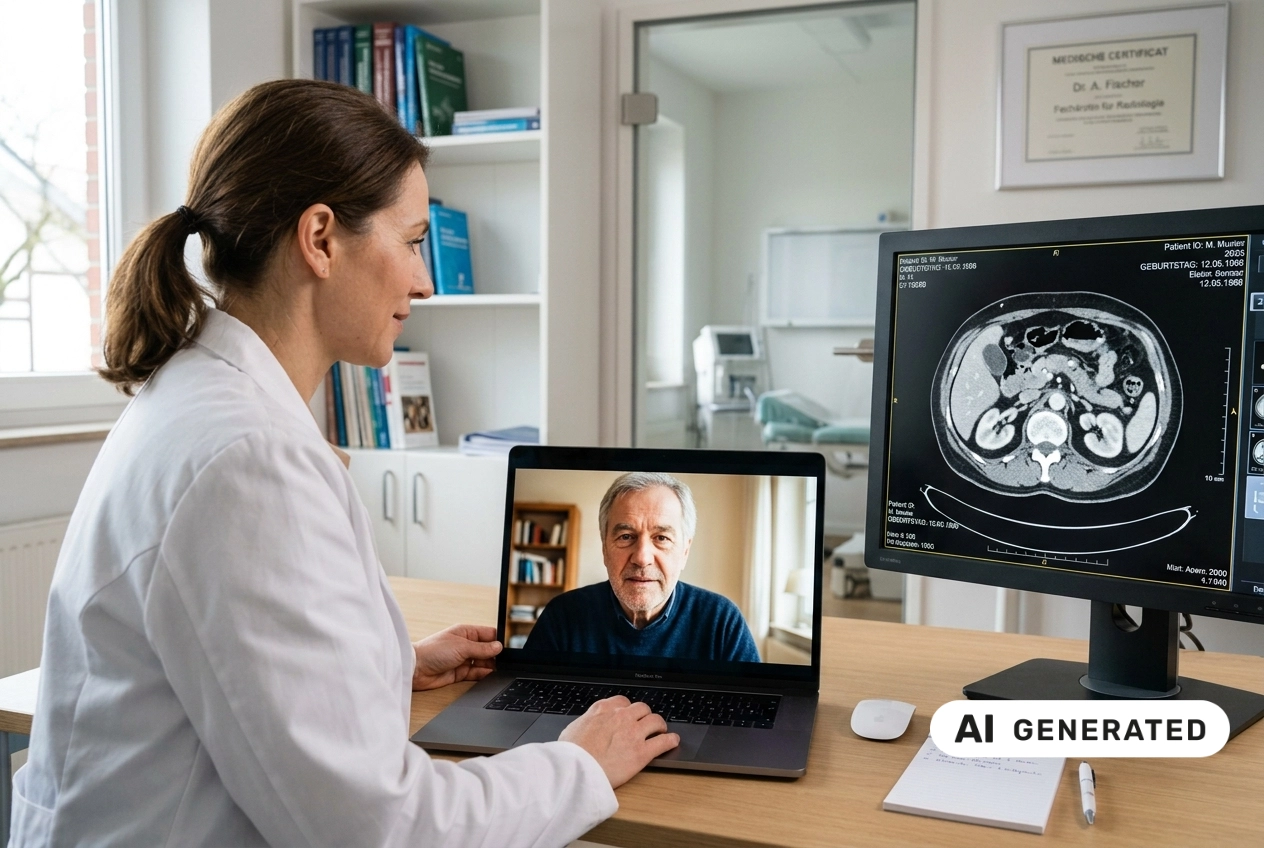 In einer modernen radiologischen Praxis sitzt eine Ärztin mit braunem Pferdeschwanz und weißem Kittel am Schreibtisch und berät einen älteren Patienten per Videosprechstunde. Auf dem Laptop ist der Mann mit grauen Haaren in einem dunklen Pullover zu sehen, während auf dem danebenstehenden Monitor eine CT-Aufnahme des Bauchraums mit mehreren Schnittbildern angezeigt wird. Im Hintergrund stehen Regale mit Fachbüchern und medizinische Geräte, vor der Ärztin liegen Notizblock und Stift, was auf eine strukturierte Befundbesprechung und telemedizinische Betreuung hinweist. KI-generiert.