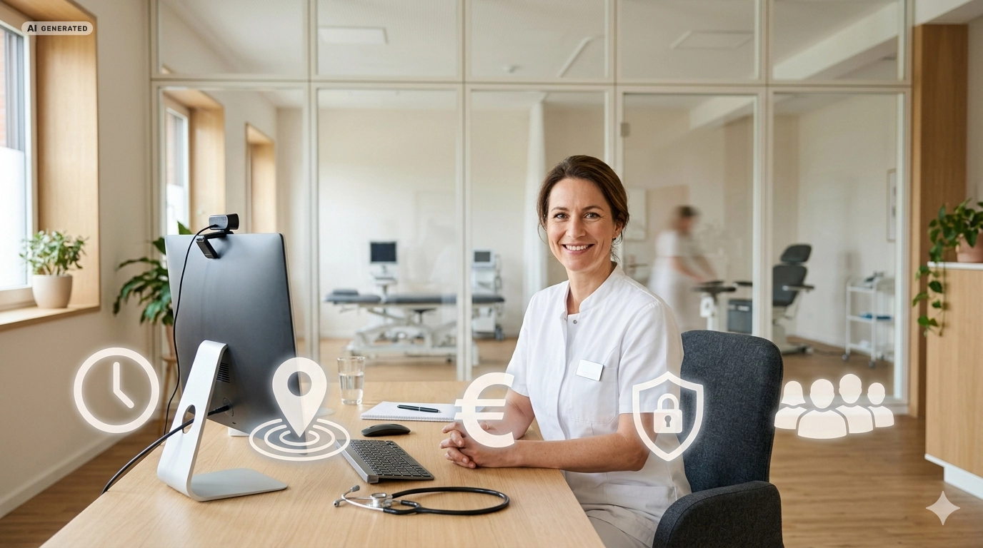 Ärztin in weißem Kittel sitzt lächelnd am Schreibtisch in moderner Praxis vor Bildschirm mit Webcam, Symbole für Uhr, Standort, Euro, Datensicherheit und Patienten stehen für digitale Videosprechstunde. (Bild ist KI-generiert)