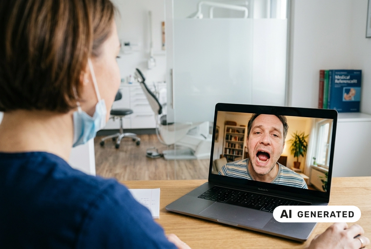 In einer hellen Zahnarztpraxis sitzt eine Zahnärztin mit kurzem braunem Haar und blauer medizinischer Kleidung am Schreibtisch und führt eine digitale Sprechstunde durch. Vor ihr steht ein Laptop, auf dessen Bildschirm ein Mann mittleren Alters in gestreiftem Shirt zu sehen ist, der den Mund weit öffnet, um seine Zähne und den Rachen zu zeigen. Im Hintergrund der Praxis sind ein Behandlungsstuhl, Schränke und Fachbücher zu erkennen, was auf eine professionelle zahnmedizinische Umgebung hinweist. KI-generiert.